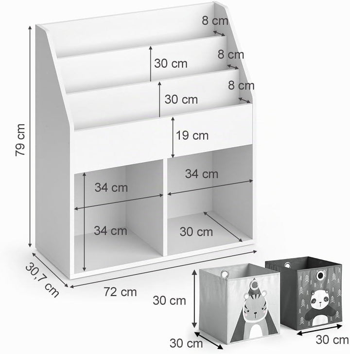 Vicco Kinderregal Luigi, Weiss, 72 x 79 cm mit 2 Faltboxen Opt.5, zur Aufbewahrung von Büchern und S