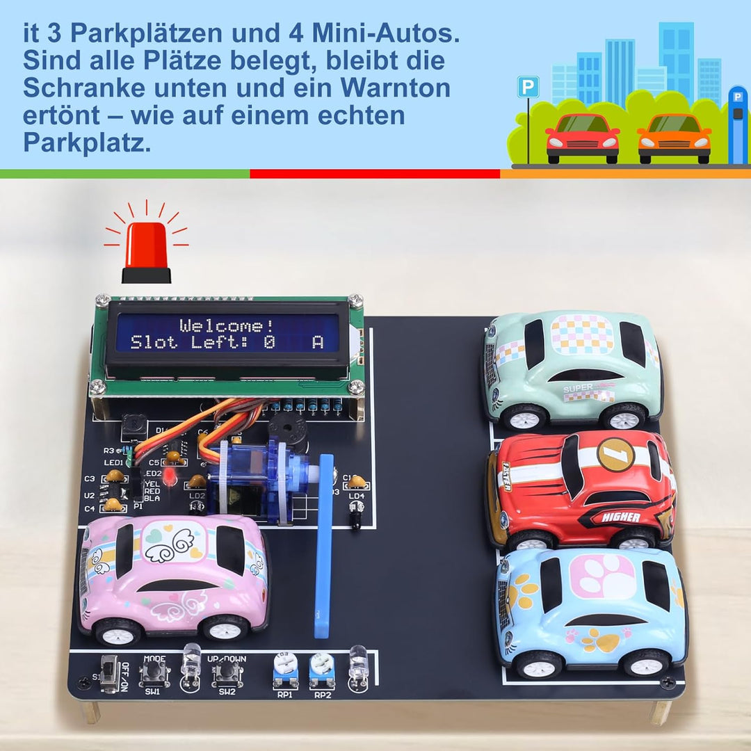 Auto Parkplatz-Simulator Löt Bausatz, ElektoLoter Garage Lötprojekte mit LCD-Anzeige und 4 Mini-Auto
