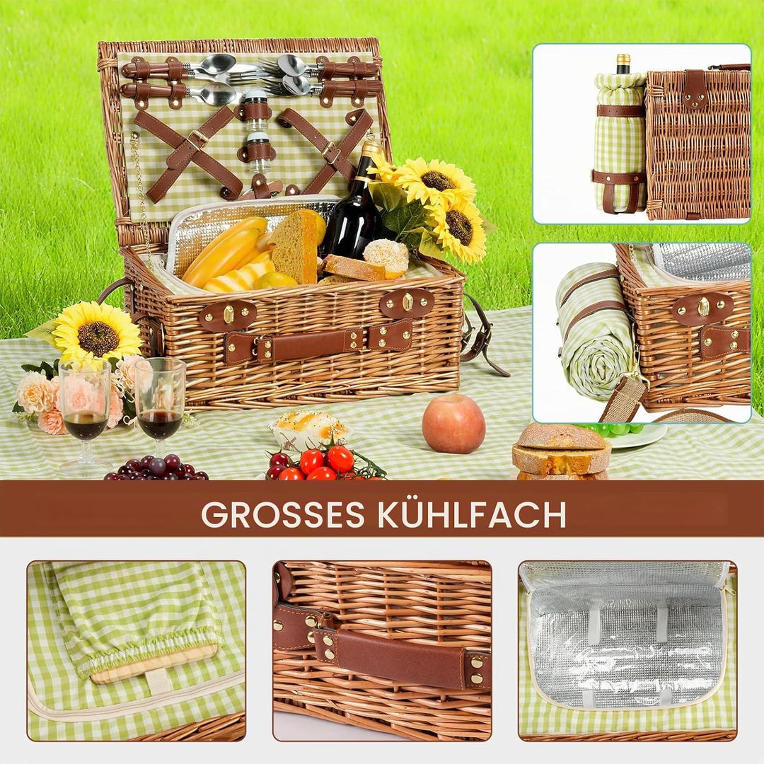 Wicker Picknickkorb Set für 4 Person mit Kühlfach und wasserdichte Picknickdecke, Abnehmbarer Riemen