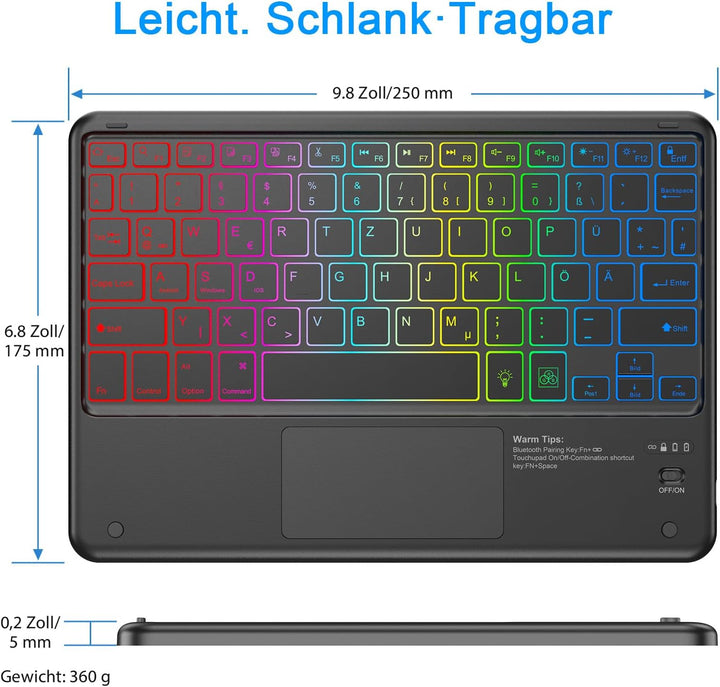 KBCASE Bluetooth Tastatur mit Touchpad Tastatur Kabellose mit 7 Farben Beleuchtete Wireless Bluetoot