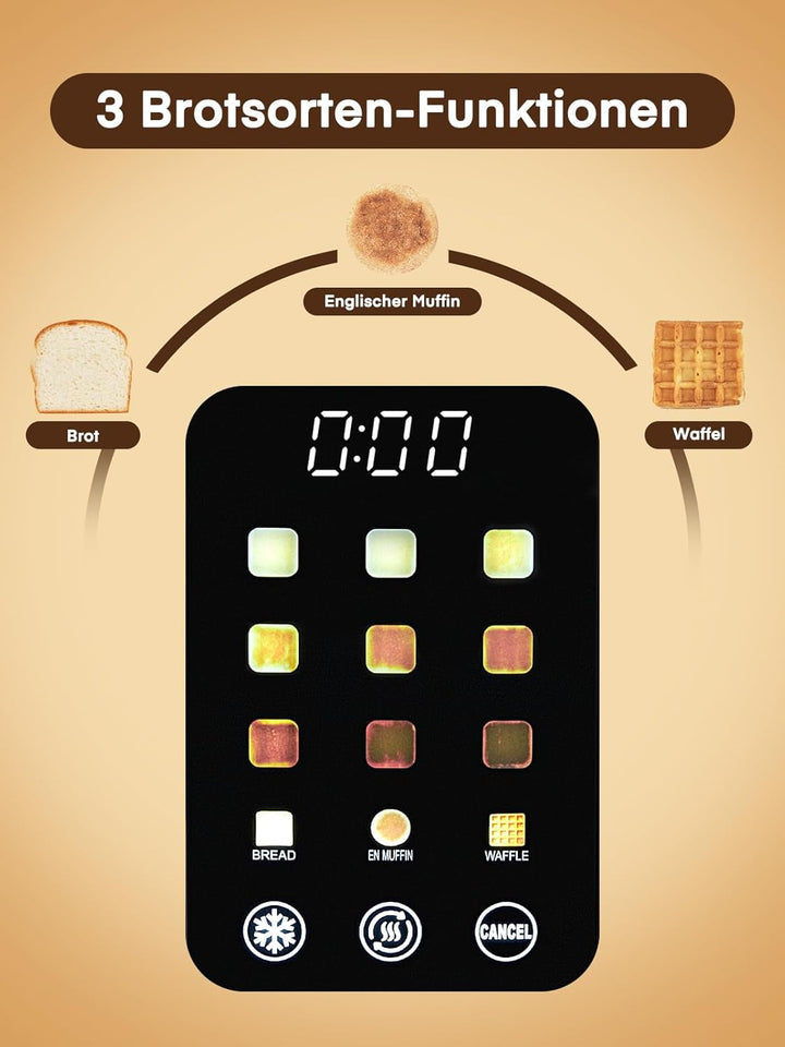 Toaster 4 Scheiben, 1400W Edelstahl Langschlitz Toaster, 9 Farbeinstellungen und 3 Brotsorten, Abbru
