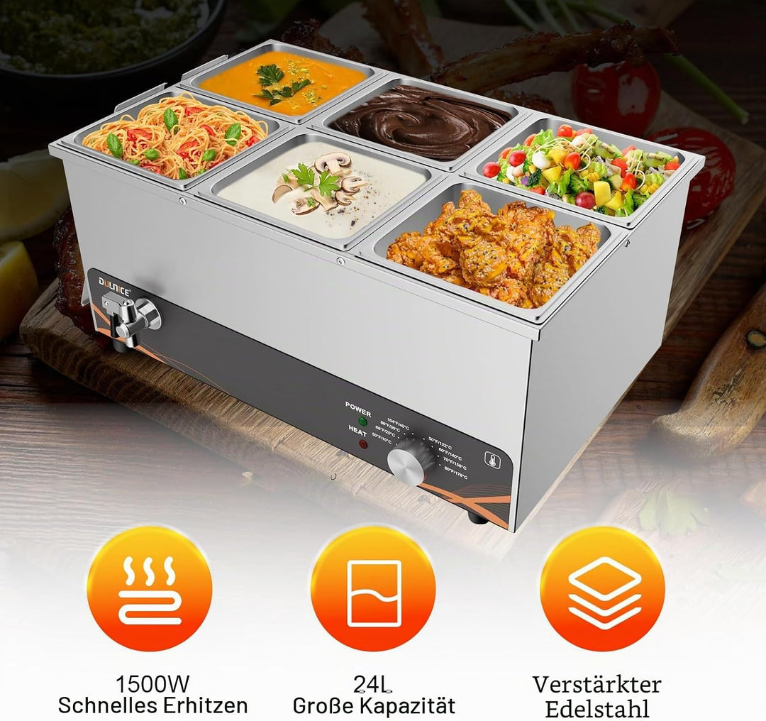 DULNICE Bain Marie Speisewärmer Elektrische Edelstahl 1500W 6 GN-Behältern Wasserbad mit Ablaufhahn,