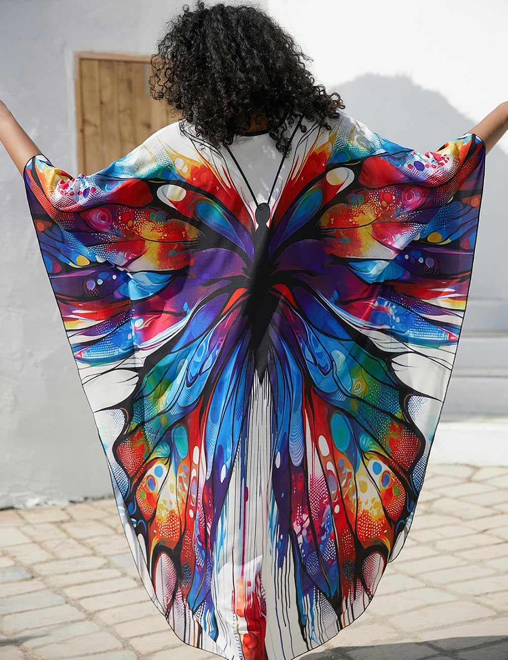 Bsubseach Damen Ethnic Print Kaftan Beach Dress Plus Size Strandkleid Bunter Schmetterling, Bunter S