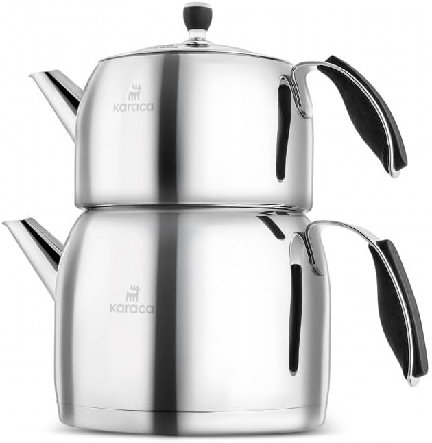 Karaca Stelly Teekannen-Set aus Edelstahl 304 (18/10), 2-teilig, 1 L + 2 L, Glasdeckel, induktionsge