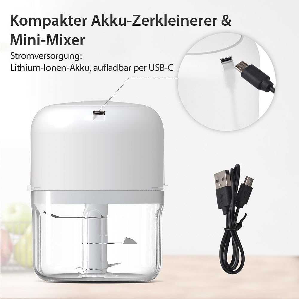 Rosenstein &amp; Söhne Zwiebelschneider: Kompakter Akku-Zerkleinerer &amp; Mini-Mixer, 200 ml, inkl. Netztei