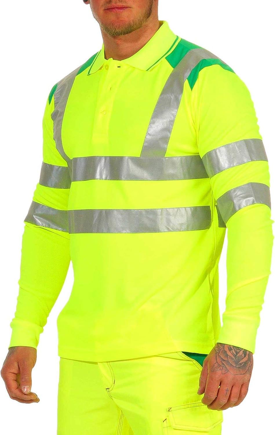 Herren Warnschutz Langarmshirt Poloshirt, Hohe Sichtbarkeit Reflexstreifen EN ISO 20471 Klasse 2 S N