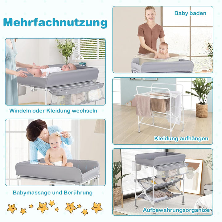 COSTWAY 5 in 1 Wickelkommode, Wickeltisch klappbar, Wickelstation höhenverstellbar mit Seitenkorb, R