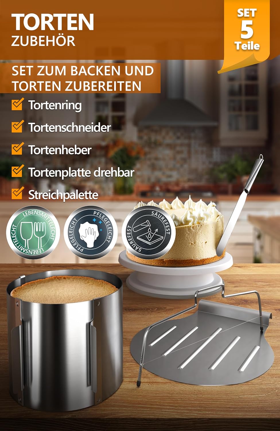 4smile Torten-Zubehör-Set 5 Teile - Tortenring verstellbar hoch 15 cm + Tortenschneider + Tortenhebe
