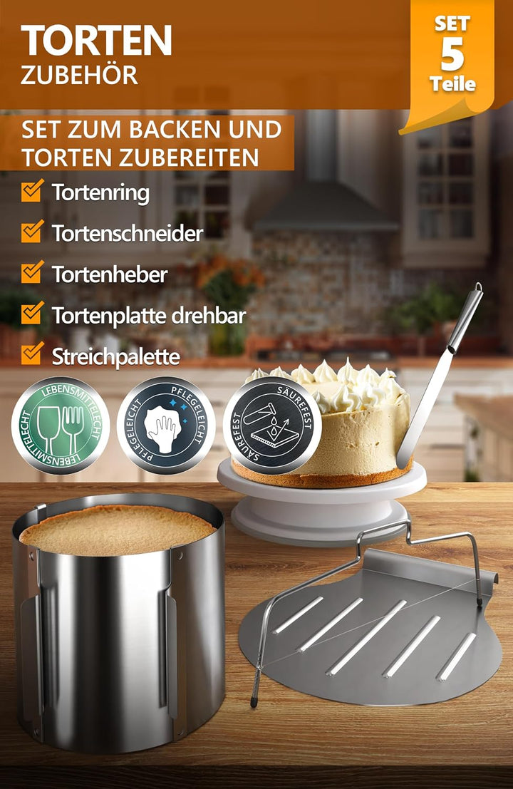 4smile Torten-Zubehör-Set 5 Teile - Tortenring verstellbar hoch 15 cm + Tortenschneider + Tortenhebe
