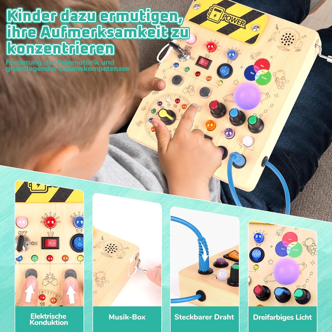 Konijiwa Montessori Busy Board Spielzeug ab 1 Jahr Activity Board Holzspielzeug mit 12 Schalter 24 L