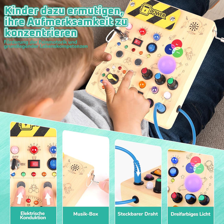 Konijiwa Montessori Busy Board Spielzeug ab 1 Jahr Activity Board Holzspielzeug mit 12 Schalter 24 L