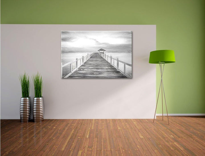 Pixxprint Steg ins Meer bei Sonnenuntergang Kohle Zeichnung Effekt, Format: 100x70 auf Leinwand, XXL
