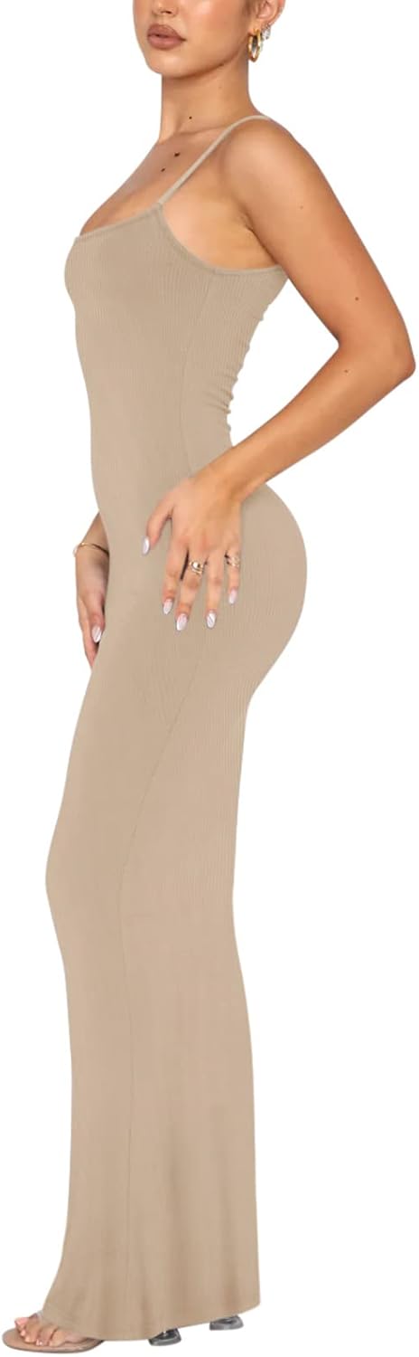 REORIA Damen Sexy Lounge Slip Langes Kleid Elegantes Hochzeitsgast ärmelloses rückenfreies Geripptes