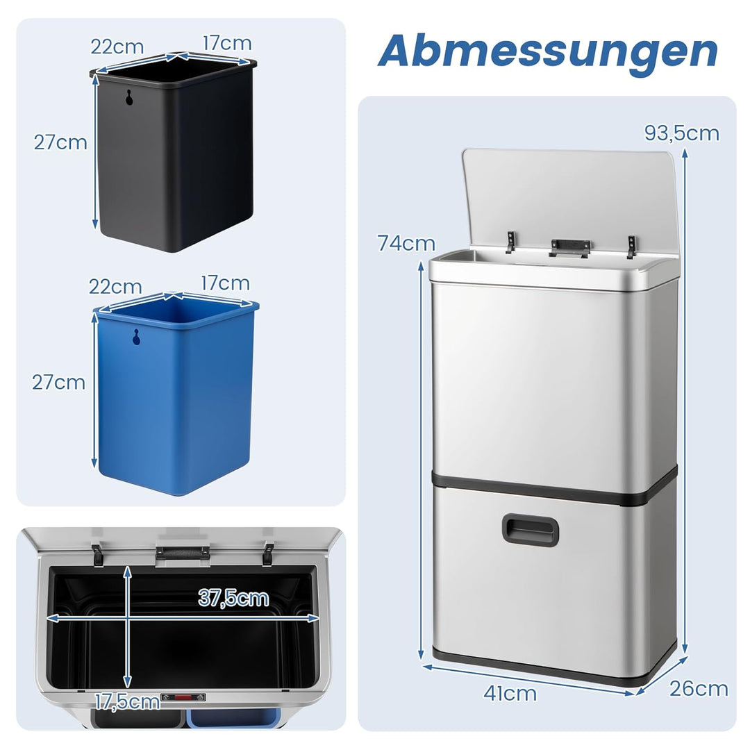 COSTWAY Mülleimer 3 Fächer, 56L Mülltrennsystem inkl. 2 ausnehmbaren Abfallbehältern, 2 x 10L + 36 L