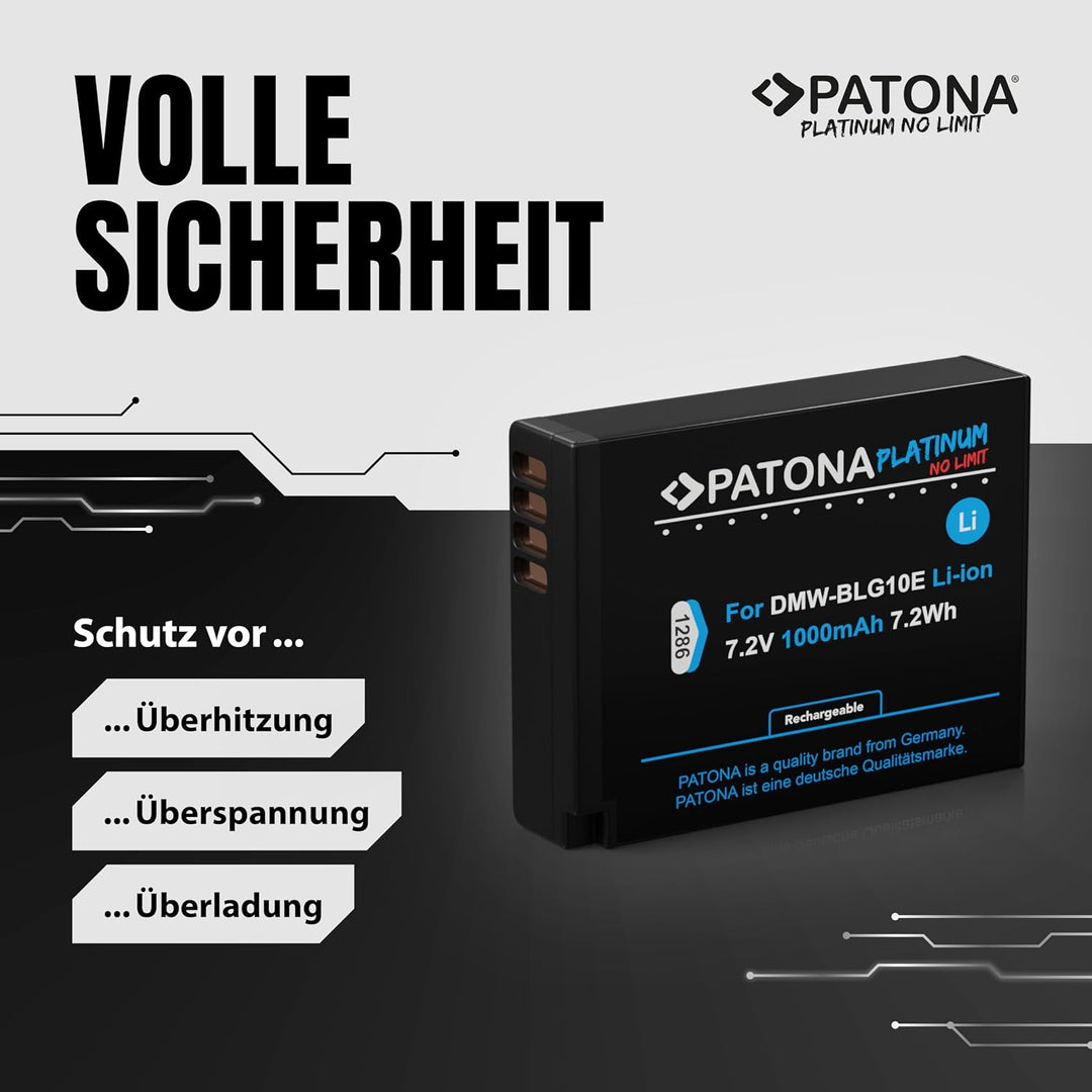 2X PATONA Platinum Akku DMW BLG10 E (1000mAh) - Kompatibel mit Panasonic Lumix DC GX9 TZ202 TZ96 TZ9