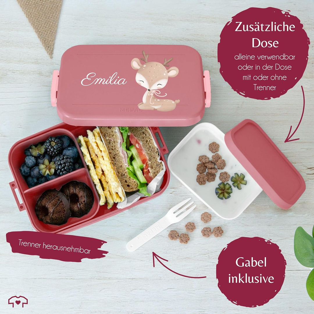 Kinder Bento Box Midi Lunchbox für Mepal Bentobox - Süsses Reh mit Name personalisiert I Rehlein Wal