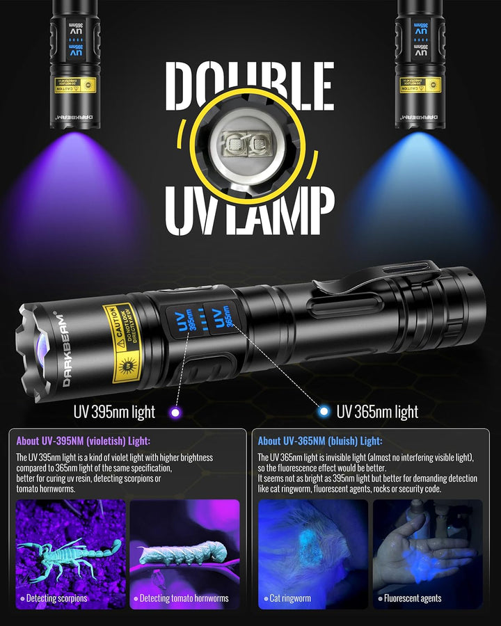 DARKBEAM UV Taschenlampe Schwarzlicht 365nm &amp; 395nm, LED Taschenlampen Ultraviolett USB Aufladbar Su