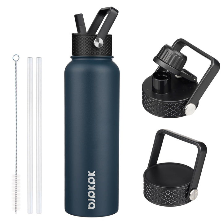 BJPKPK Isolierte Wasserflaschen mit Strohhalm-Deckel, 1,2 l, Edelstahl-Wasserflaschen mit 3 Deckeln,