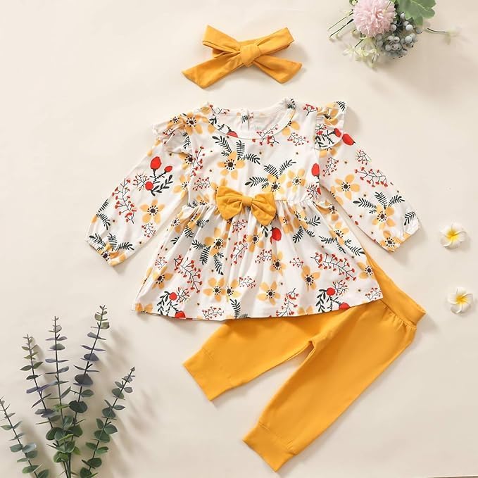 Baby Mädchen Kleidung Bow Floral Rüsche Langarm Top+ Hosen+Stirnband 3Pcs Bekleidungssets 18-24 Mona