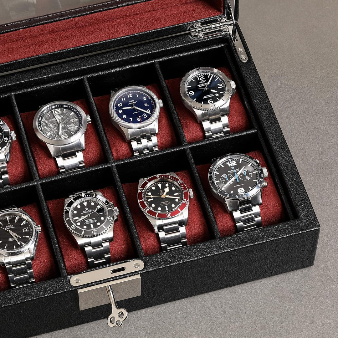 ROTHWELL Uhrenbox mit 10 Fächern – Luxus-Uhrenetui mit weichem Futter, abschliessbarer Schmuckuhrenh