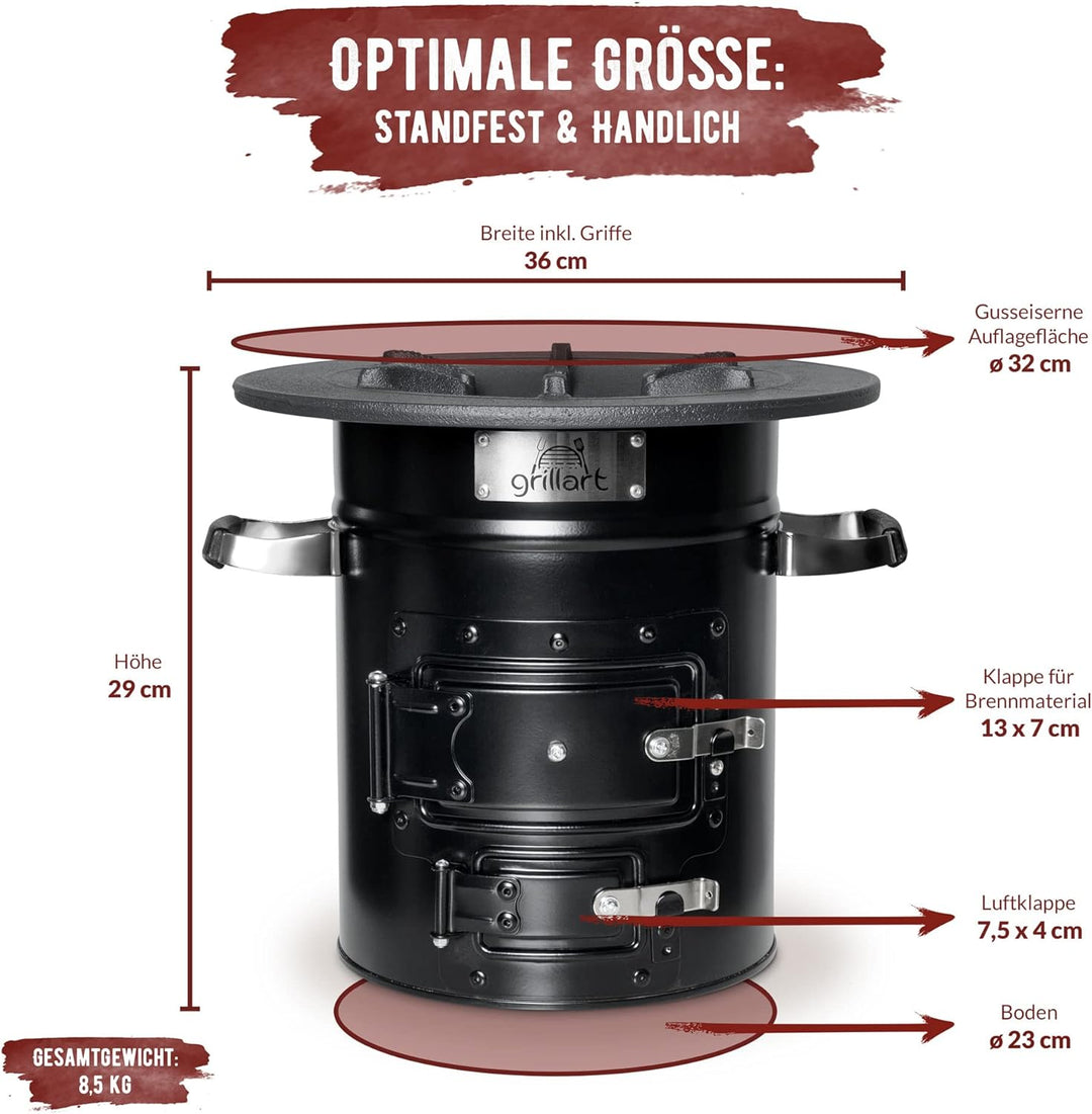 grillart® Raketenofen Outdoor “Powertrain” schwarz – effizienter Holzofen als Campingkocher für Dutc