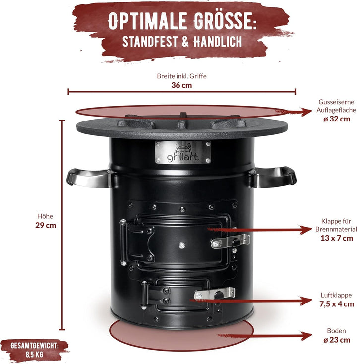 grillart® Raketenofen Outdoor “Powertrain” schwarz – effizienter Holzofen als Campingkocher für Dutc
