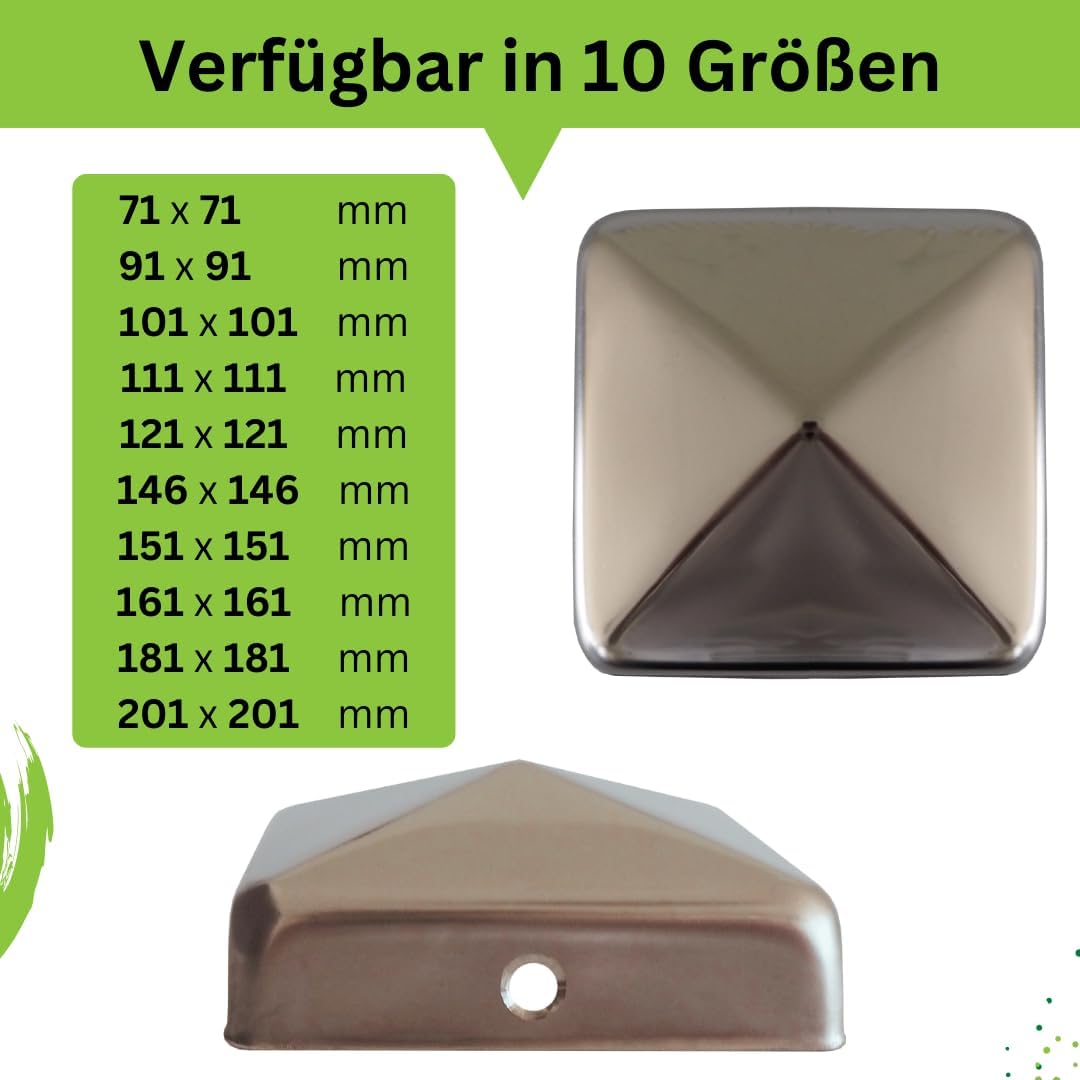 Premium Pfostenkappe 91x91 mm aus Edelstahl für Pfosten 9x9 cm Pyramide Zaunkappe Abdeckkappe 5 Stüc