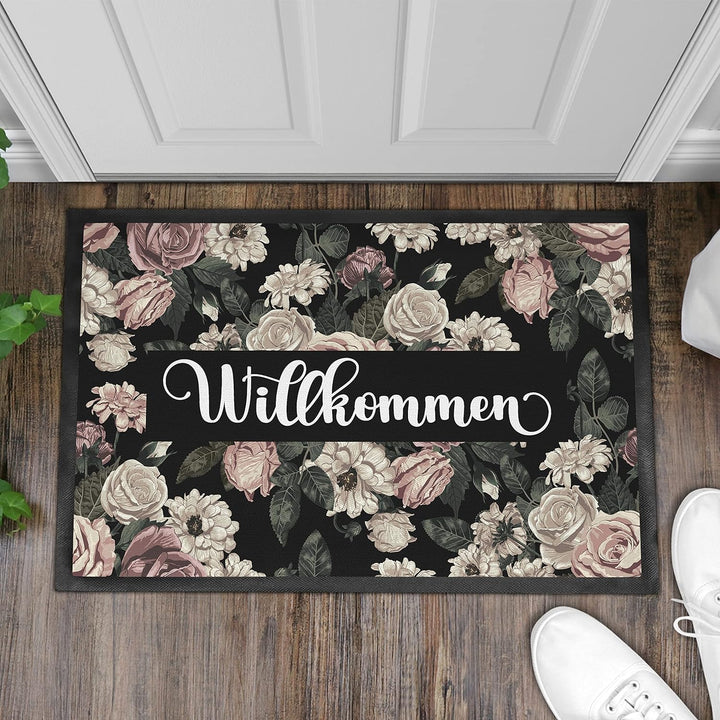 Trendation - Willkommen Blumen Grafik Fussmatte Geschenk Schöne Fussmatte Aussen und Innenbereich 60