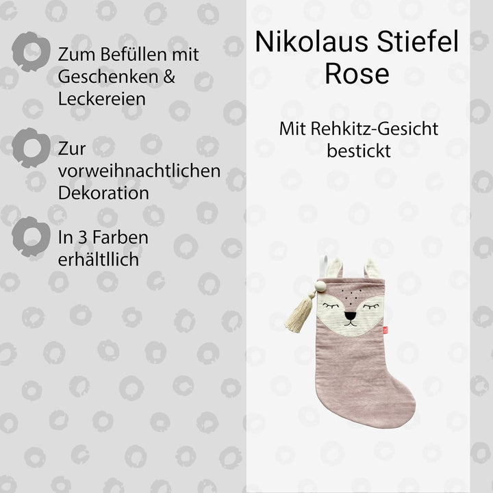 kikadu Nikolausstiefel Rehkitz Rose - Aus 100% GOTS zertifierter Bio-Baumwolle, mit besticktem Rehki