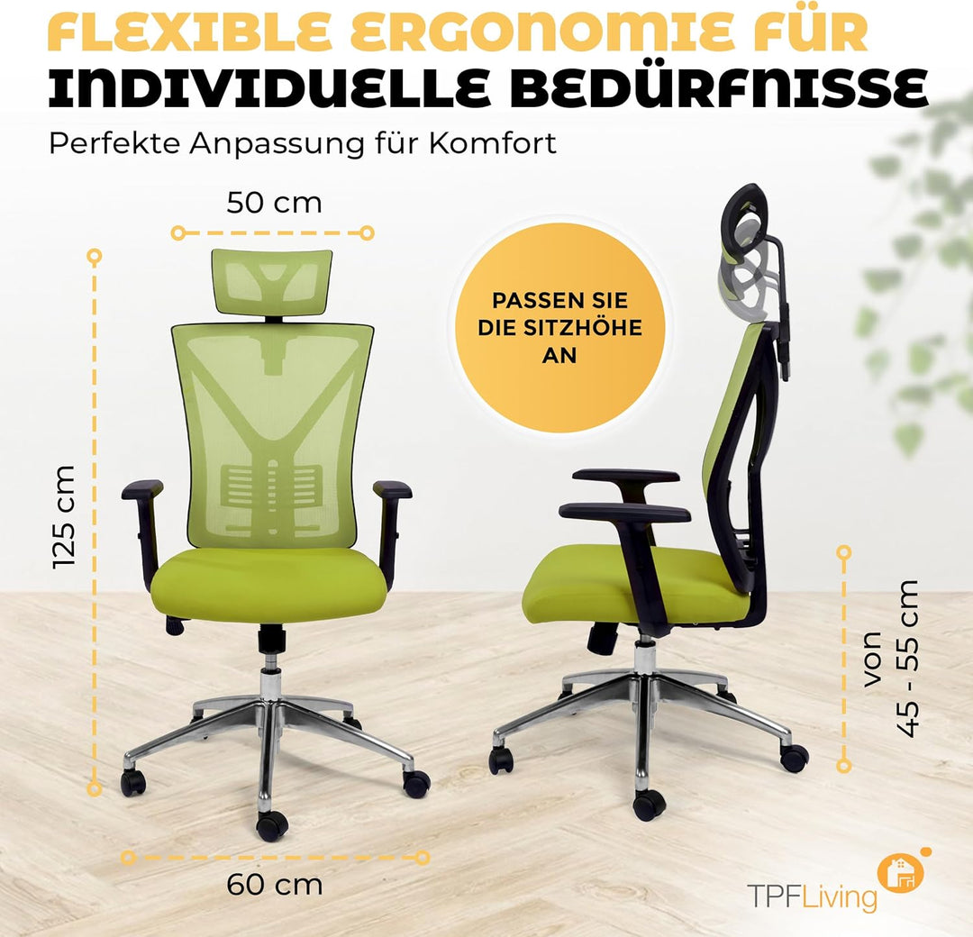 Bürostuhl Zeus (Grün) – Bürostuhl ergonomisch und komfortabel inkl. Verstellbarer Lordosenstütze & k