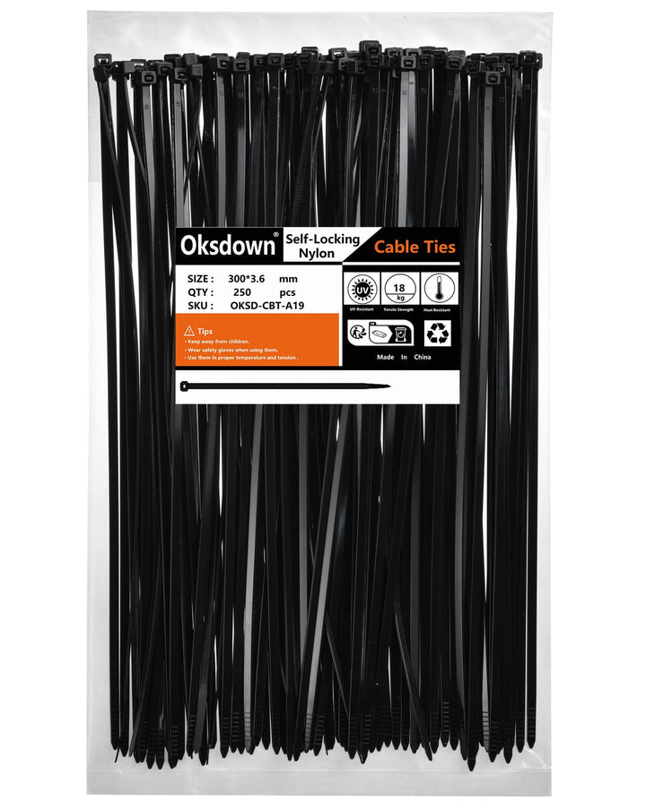 Kabelbinder Schwarz 300mm × 3,6mm Nylon 250 Stück UV Beständig Kunststoff Schwarze Kabelbinder Zugfe