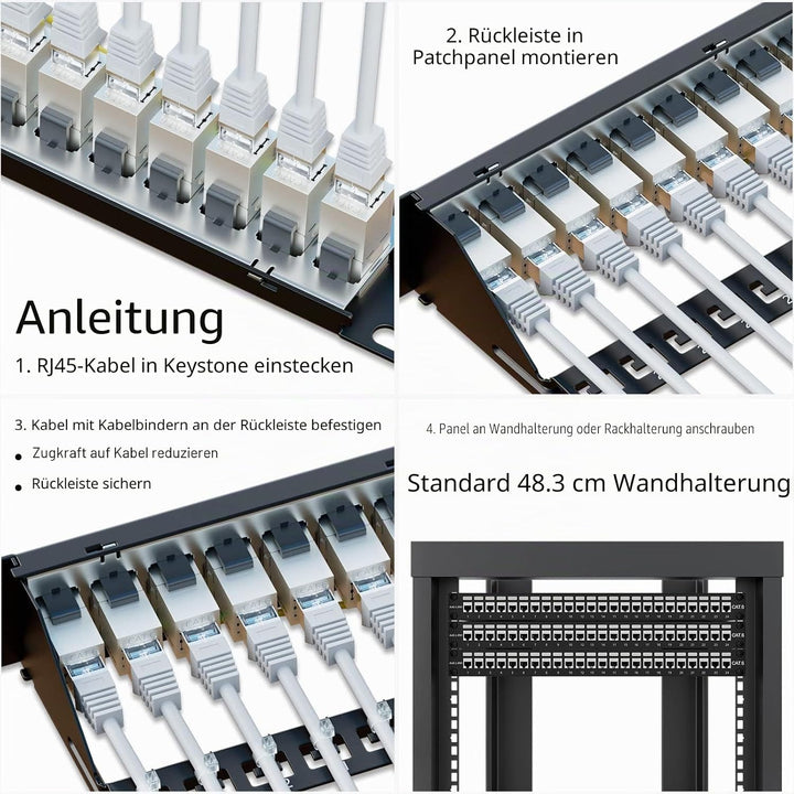 iwillink 24 Port RJ45 Durch Kupplung 1U Cat6 Patchpanel STP geschirmt 19 Zoll mit Rückleiste, Wandha