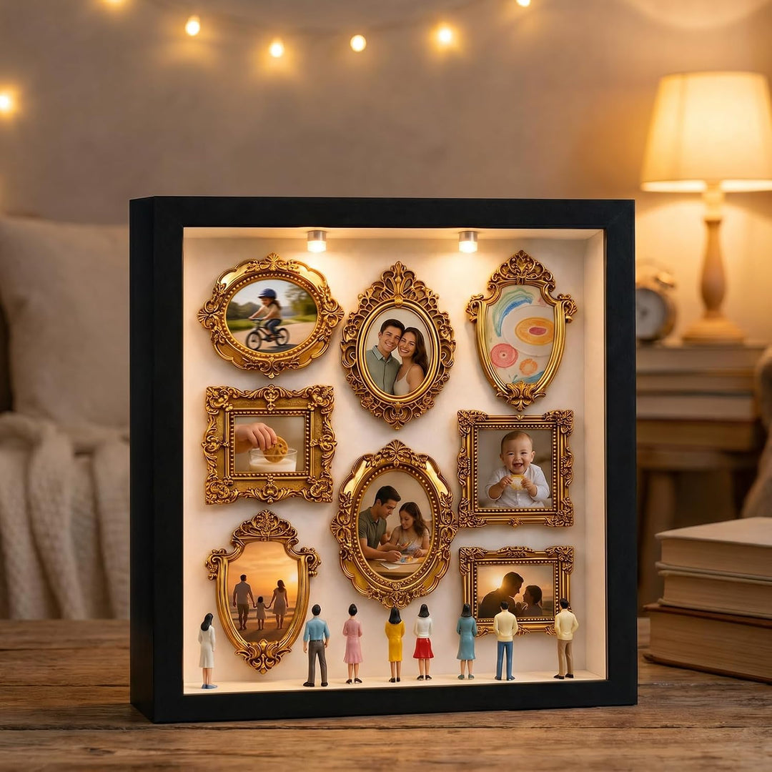DIY Mini Museum Bilderrahmen Vintage, 9-Zoll Museum of Us Silhouette Box mit 8 Mini Figuren, 8 Golde