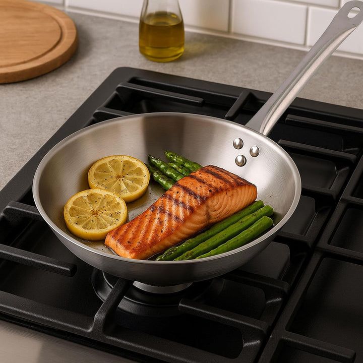 Set mit 3 Pfannen, Ø 20 x 22 x 24 cm, aus Edelstahl, induktionsgeeignet, ohne Antihaftbeschichtung