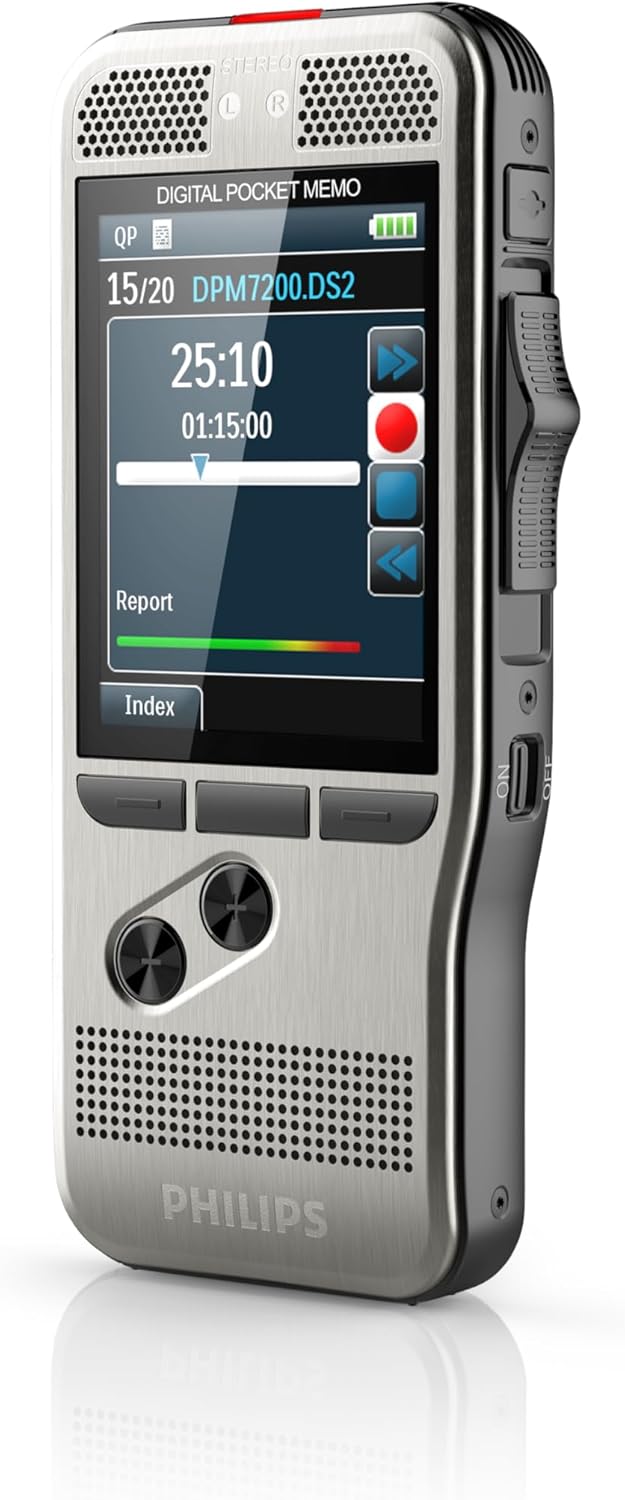 Philips Pocket Memo Digitales Diktiergerät DPM7000 Schiebeschalter-Bedienung, 2 Mikrofone für Stereo
