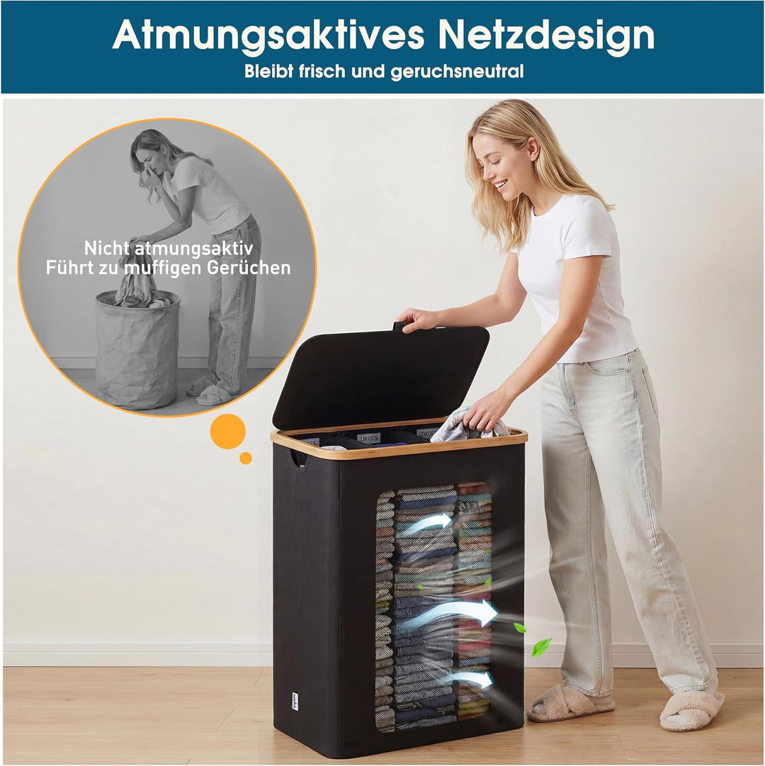 Wäschekorb 3 Fächer 160L, Wäschesammler mit Deckel, Bambusrahmen und 600D wasserdichtem Oxford Stoff