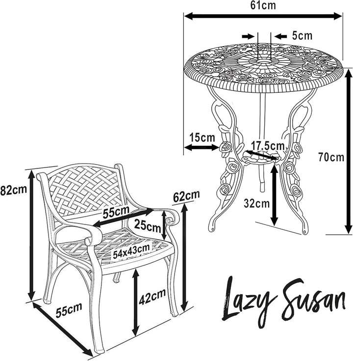 Lazy Susan London Rose Bistrotisch | Rund | 2-Sitzer | wartungsfrei | wetterfest | Sandguss-Aluminiu