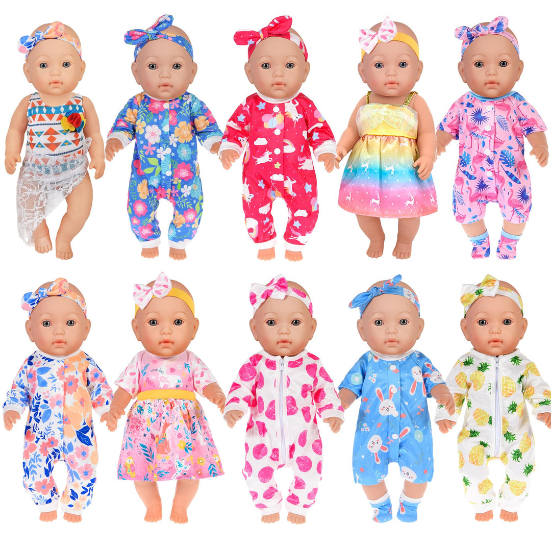 10-Sätze Puppenkleidung umfassen Kleid Outfits und Bikini für 43cm / 17 Zoll Neugeborene Babypuppen