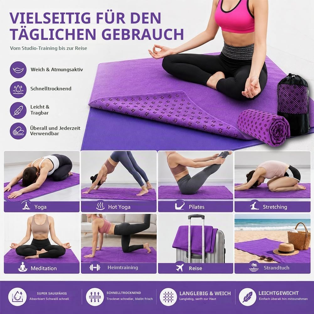 Morbuy Mikrofaser Hot Yoga Handtuch, Yoga Mat 183x63cm rutschfest Fitnesstuch Weich Atmungsaktiv Ant