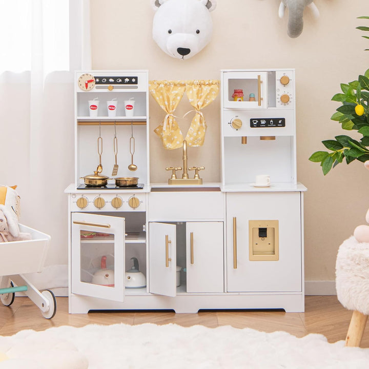 COSTWAY Kinderküche aus Holz, Spielküche mit Licht und Sound, Kinder Küche mit Spüle, Wasserhahn, He