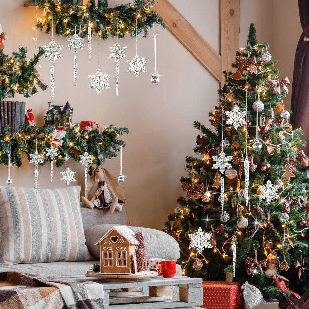 40 Stück Weihnachtsbaumschmuck, Acryl Schneeflocken Eiszapfen Anhänger Christmas Decorations,DIY Kri