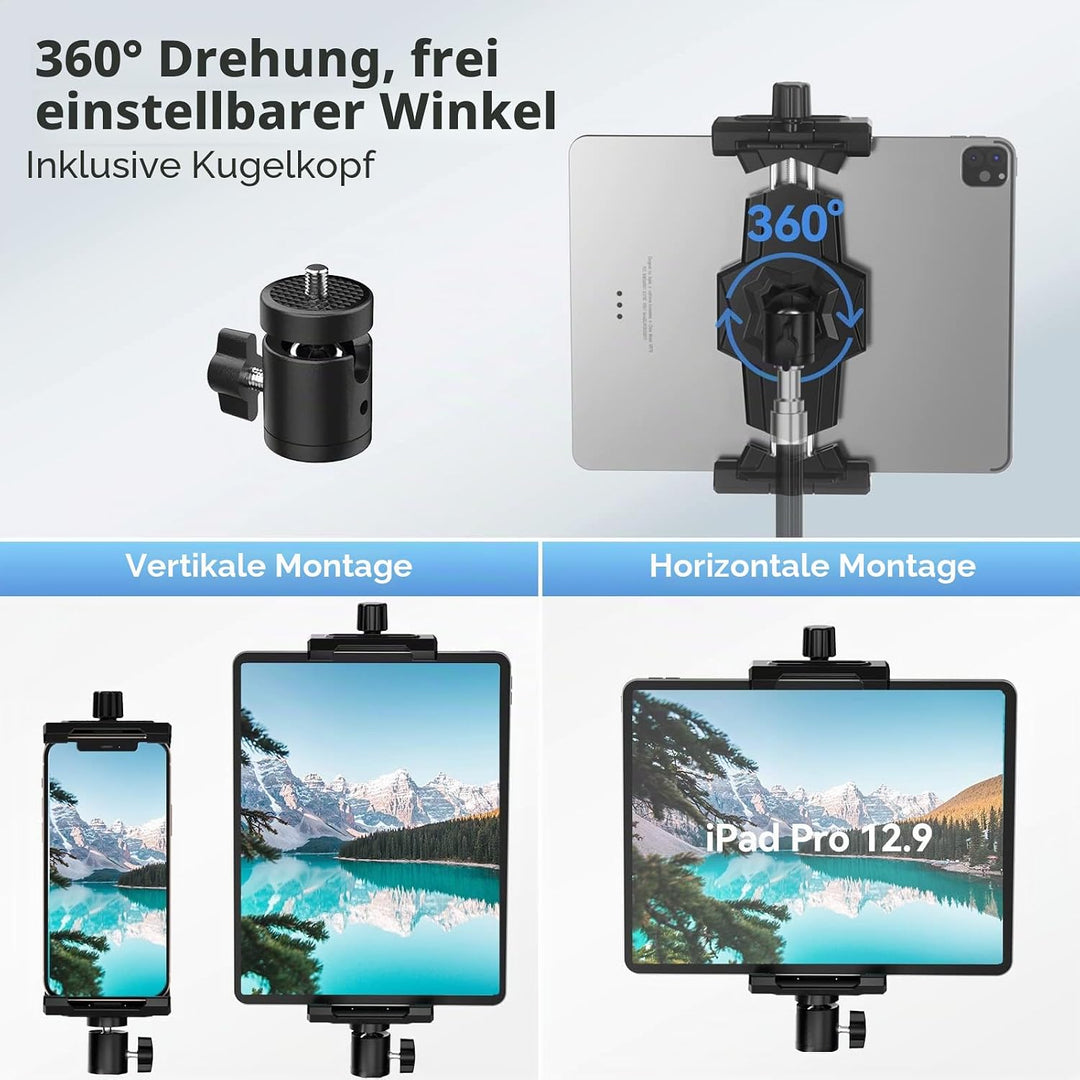 KDD iPad Halterung Adapter für Stativ, Tablet Halterung mit Kugelkopf, Tablet Halterung Stativ 360°D