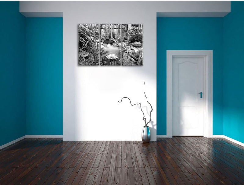Pixxprint Zen Garten Japan Kunst B&W / 3-Teilig/Gesamtmass 120cm Leinwandbild bespannt auf Holzrahme