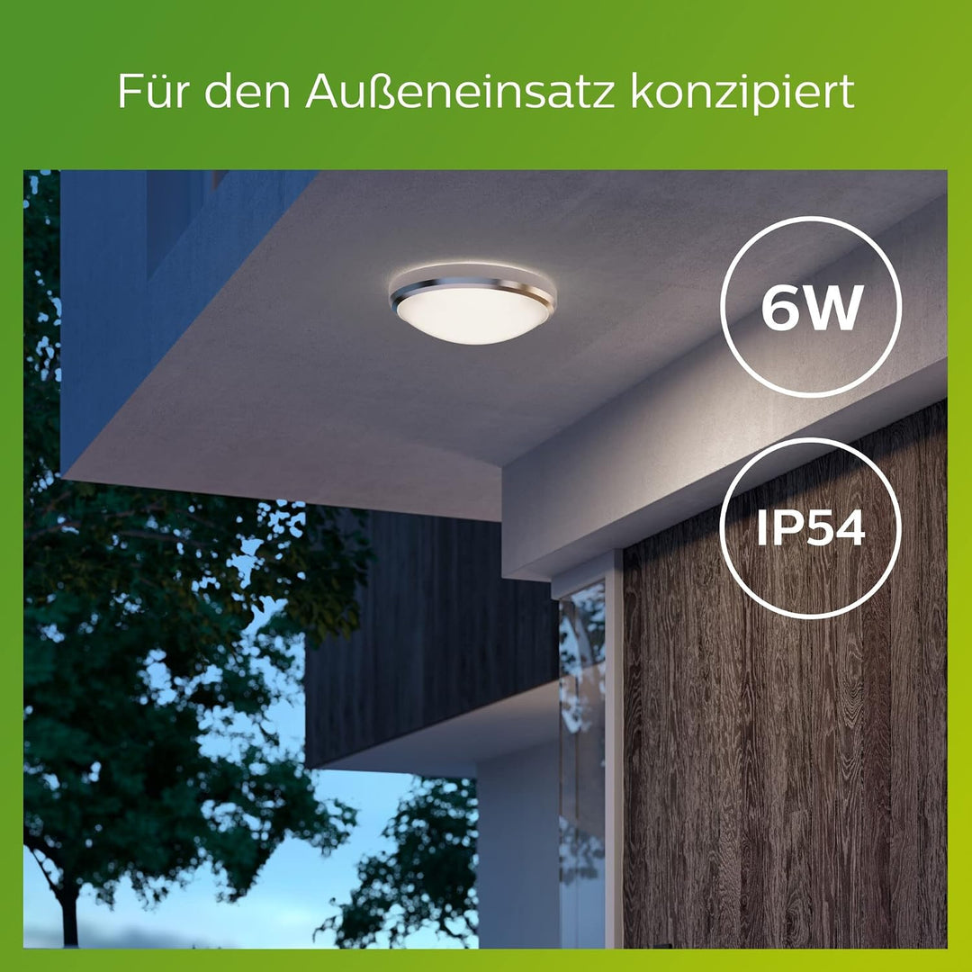 Philips Outdoor LED Deckenleuchte Doris, nickel, 6W, kaltweisses Licht 4.000K, IP54 Schutzklasse, in