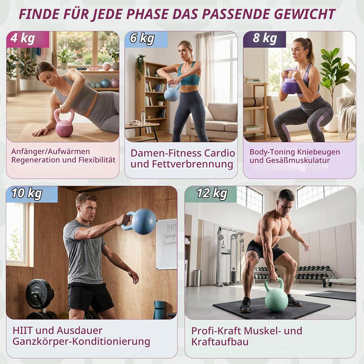 Soft Kettlebell 4-12kg - Bodenschonend und Leise, Eisensand-Kugelhantel mit ergonomischem Griff für