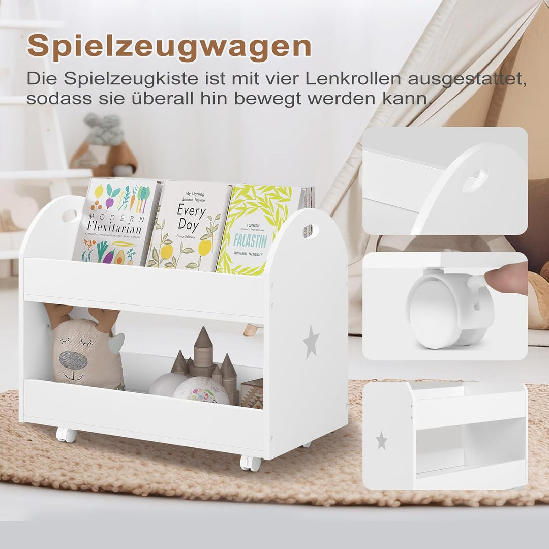 Lestarain Spielzeugkiste mit Rollen, Kinderzimmer Regal, Spielzeugregal mit 2 Ebenen, bewegliches Au