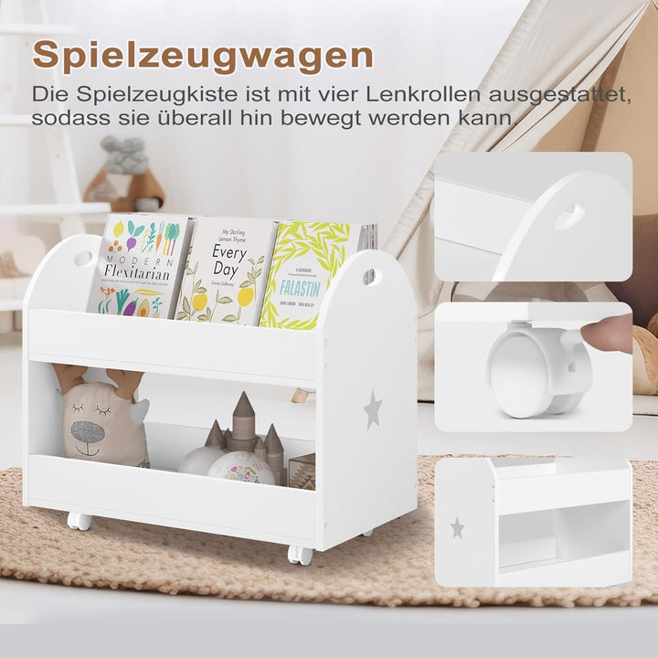 Lestarain Spielzeugkiste mit Rollen, Kinderzimmer Regal, Spielzeugregal mit 2 Ebenen, bewegliches Au