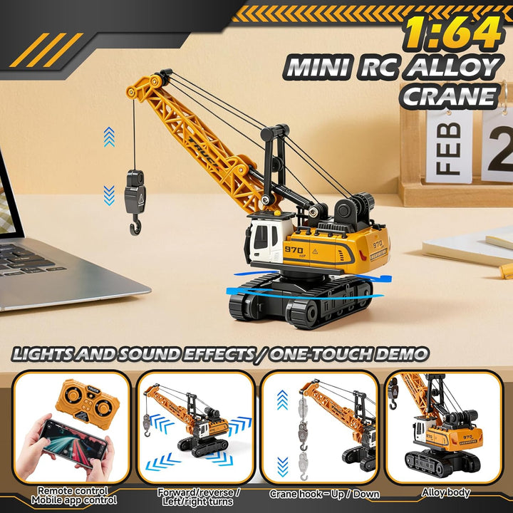 Mini Kran Spielzeug, 1:64 RC Kranfahrzeug mit APP-Steuerung &amp; 2,4GHz Fernbedienung, Ausfahrbarem Kra