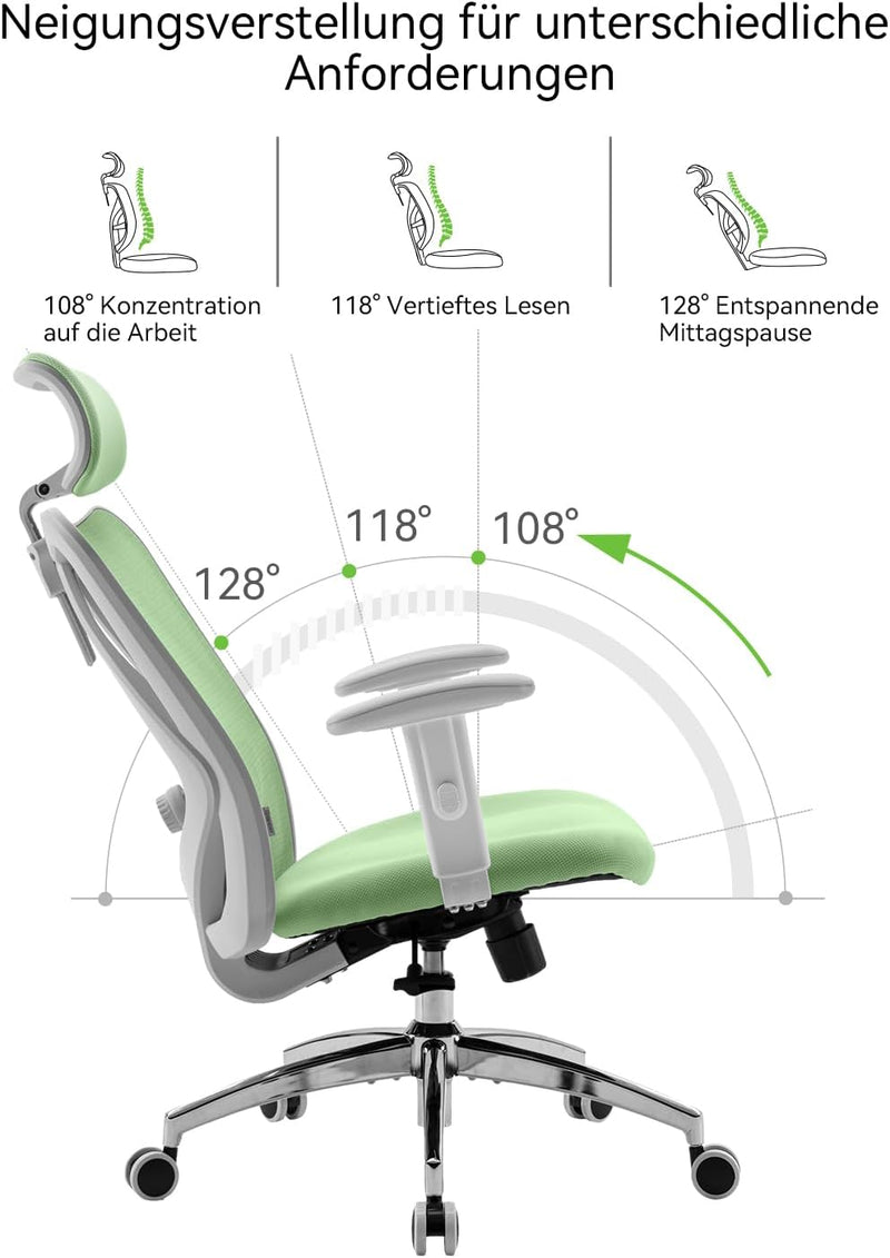 SIHOO M18 Bürostuhl ergonomisch, Computer-Schreibtisch Stuhl mit Verstellbarer Kopfstütze und Lenden