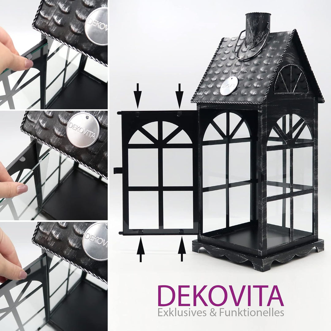 Dekovita 35cm Metall-Laterne Lichthaus - Gartenlaterne mit Glas-Scheiben - Windlicht Haus Deko-Later